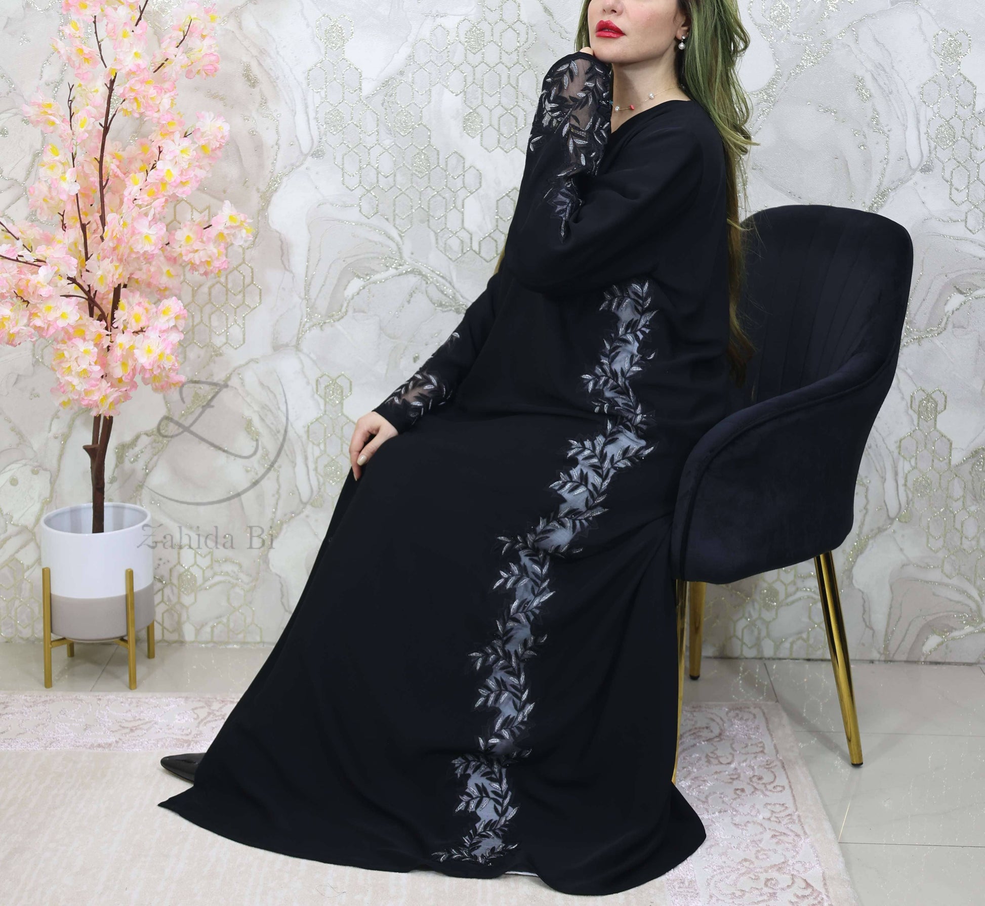 black abaya with stone work lace attached on side