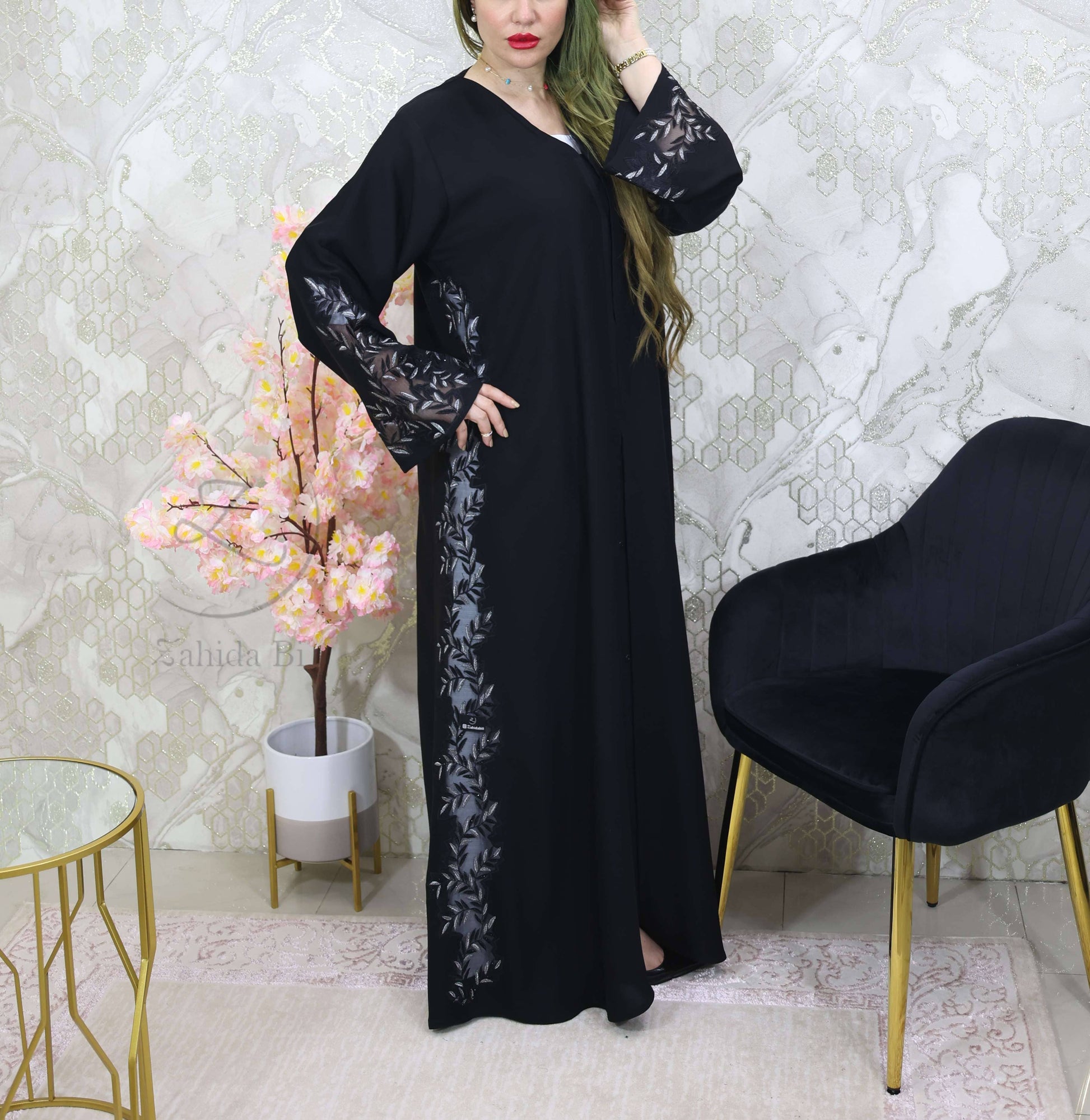 black abaya with stone work lace attached on side
