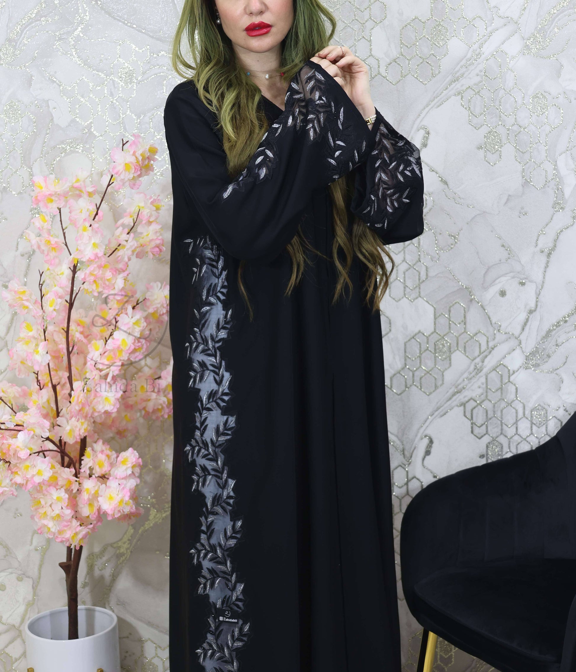 black abaya with stone work lace attached on side