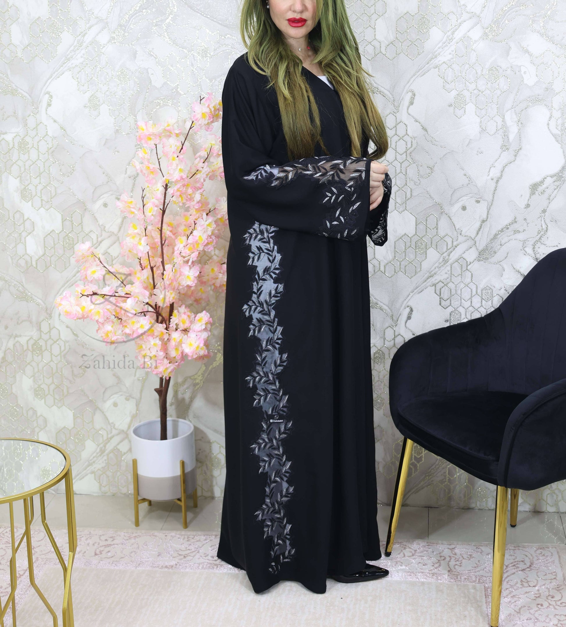 black abaya with stone work lace attached on side