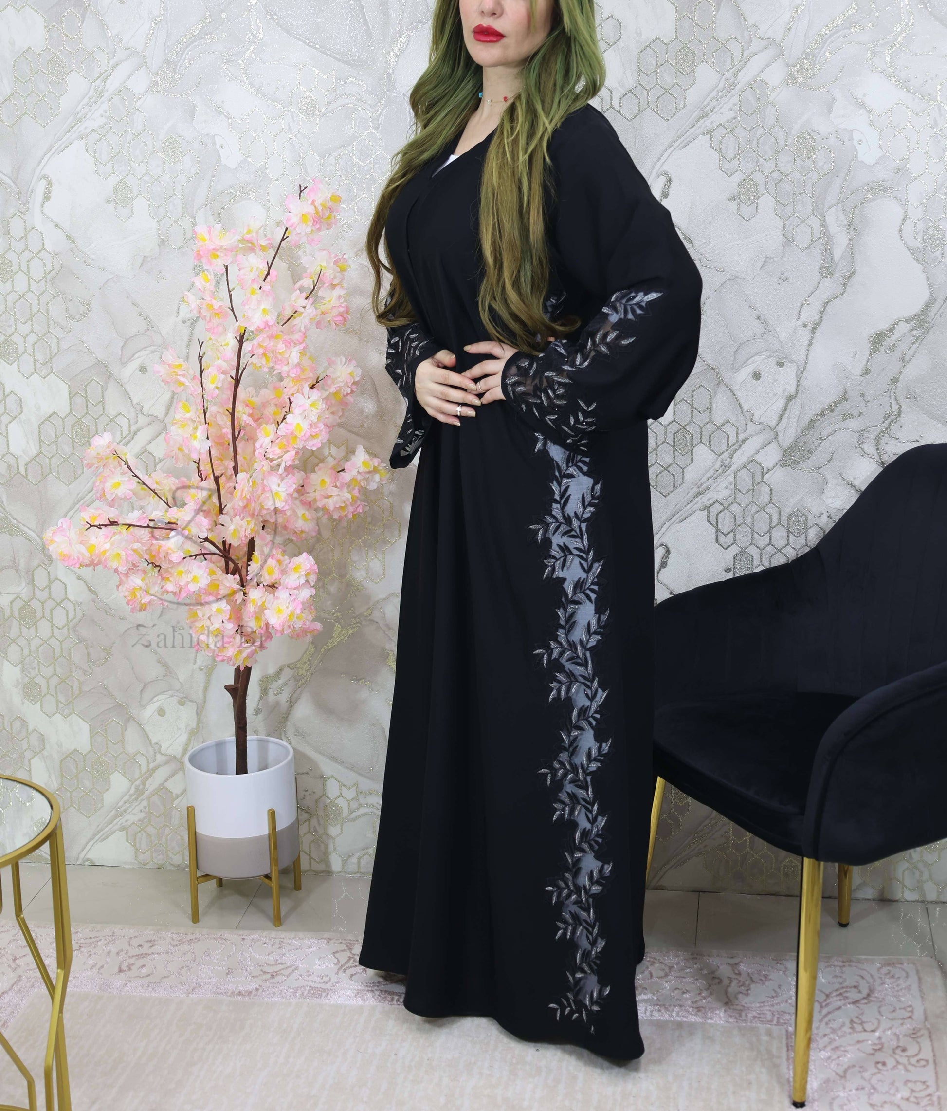 black abaya with stone work lace attached on side