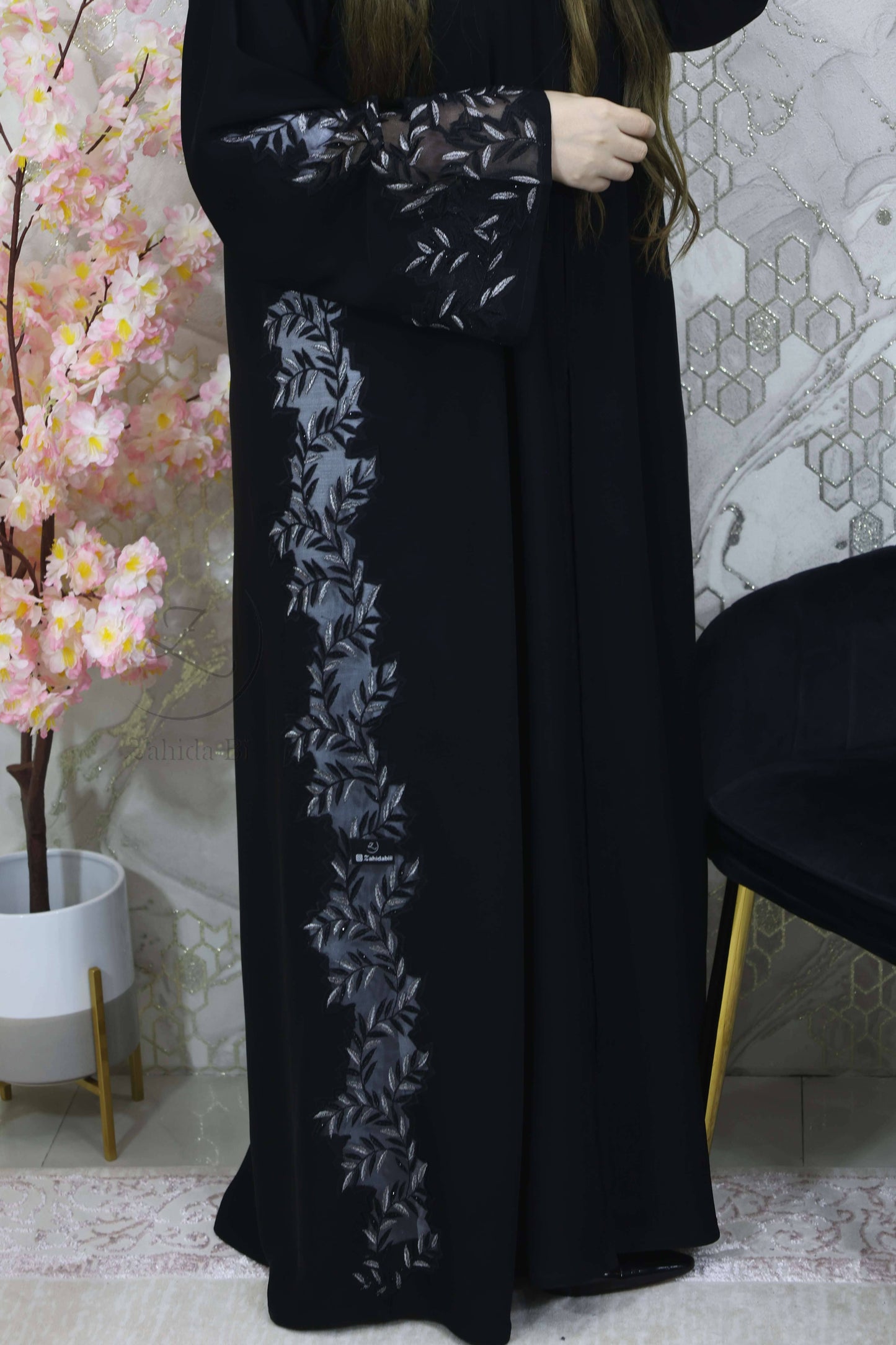 black abaya with stone work lace attached on side