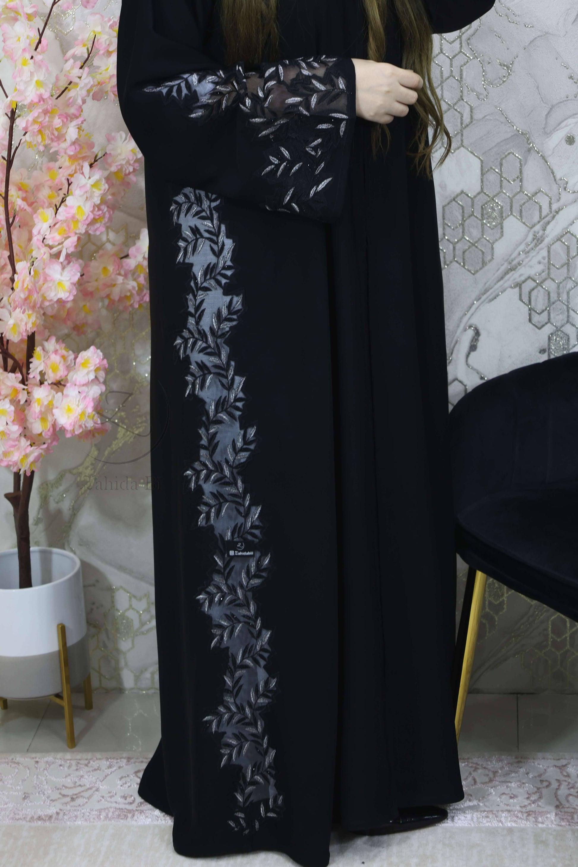 black abaya with stone work lace attached on side