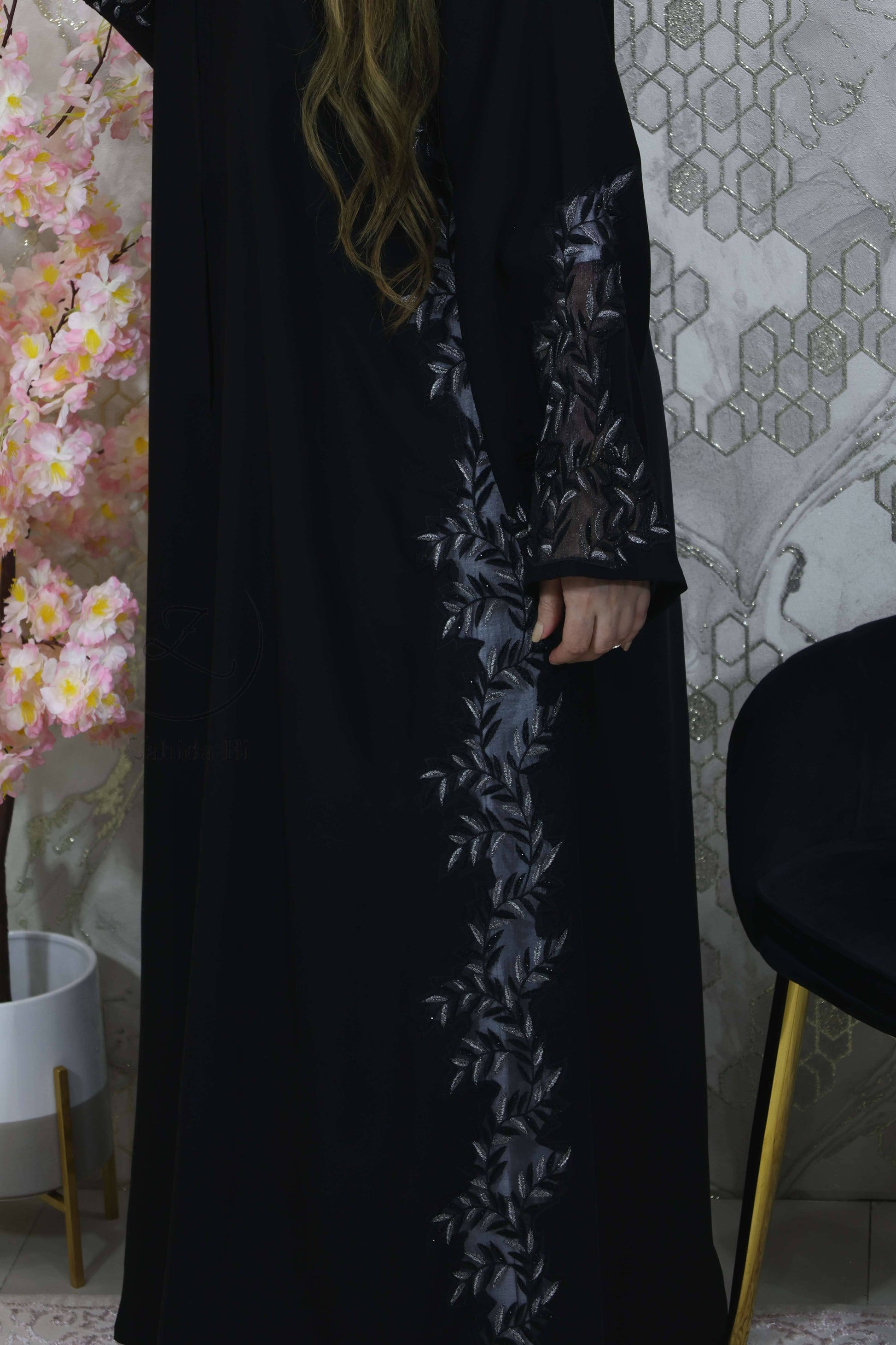 black abaya with stone work lace attached on side