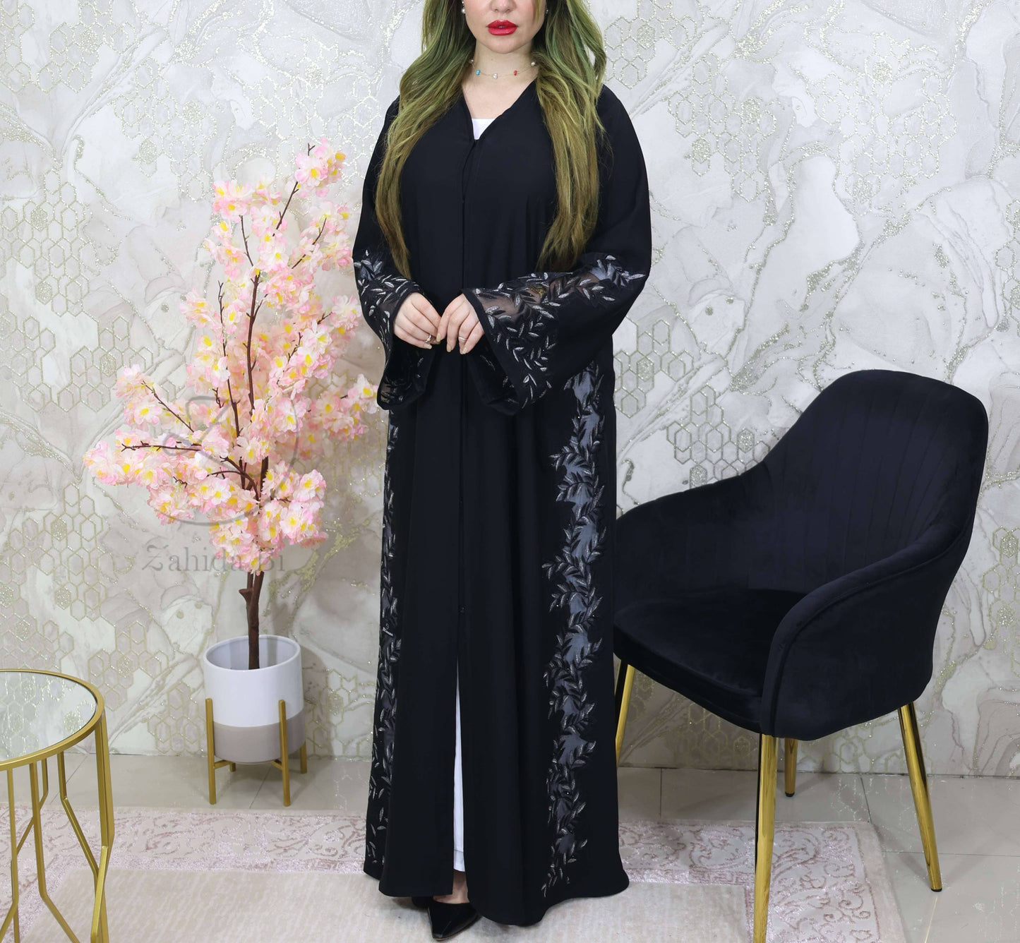 black abaya with stone work lace attached on side