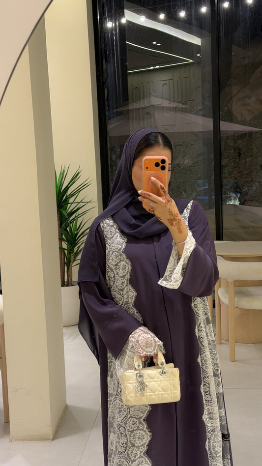 Premium Purple 💜 Lace Panel Zahidabi Abaya – Stylish Dubai Modest Wear