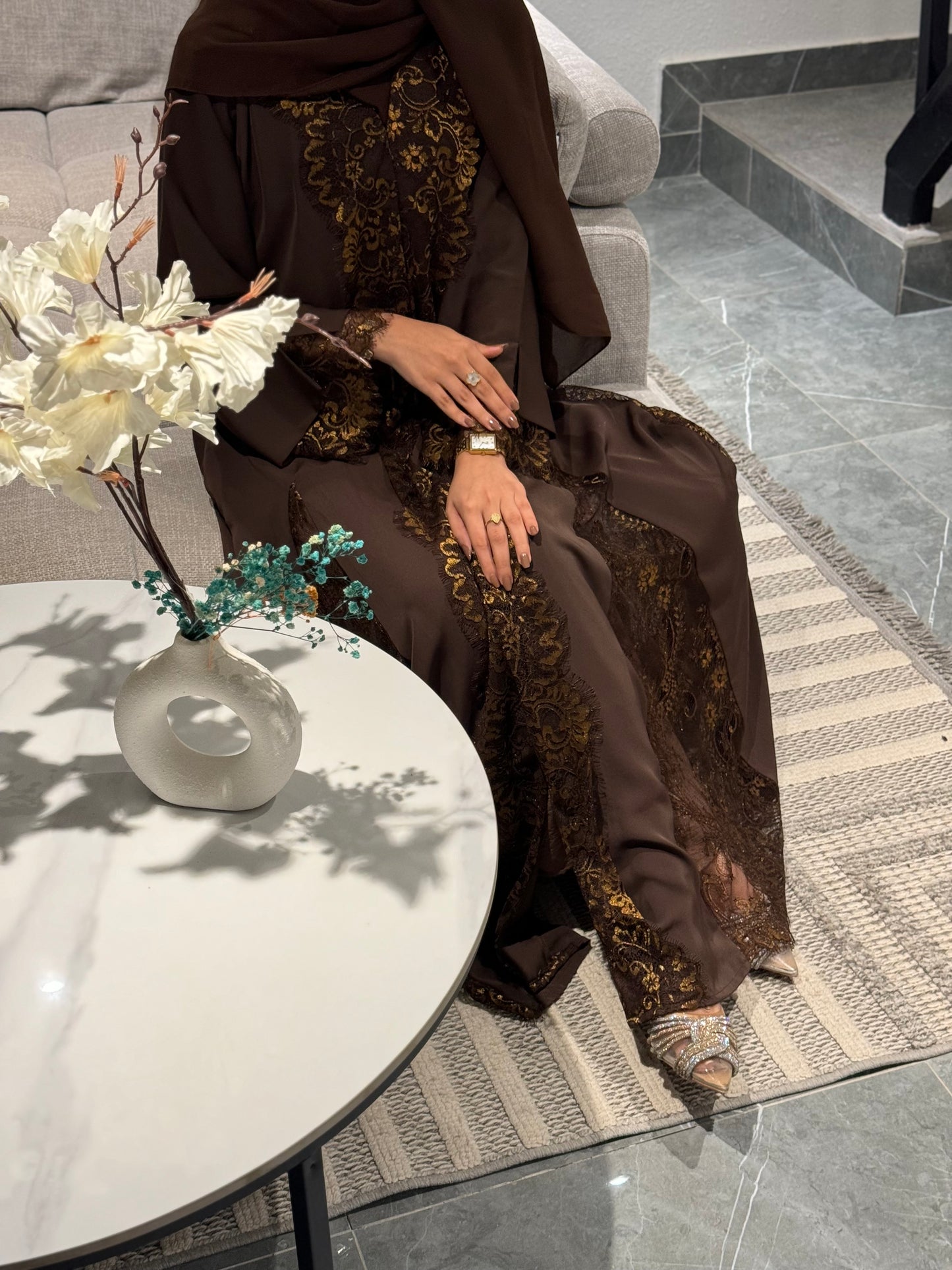 Luxury Brown Abaya in Nada Fabric with Dantel | UAE Abaya Shop - Zahida bi 