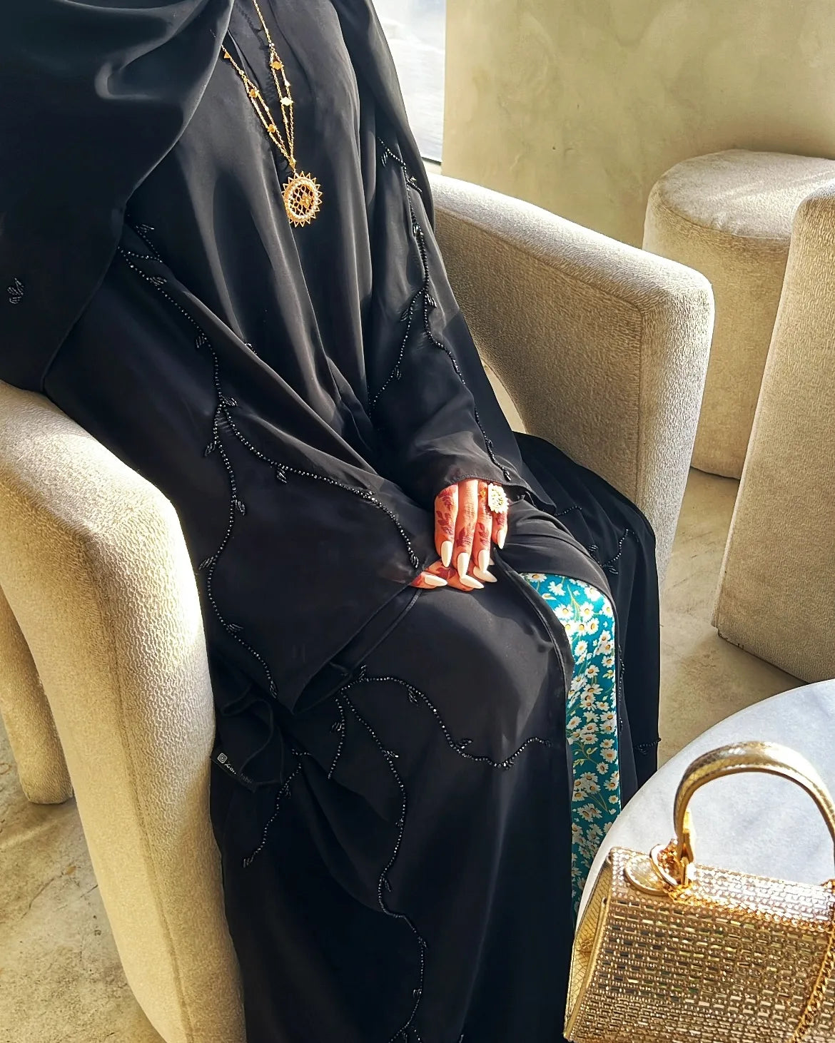 Black chiffon abaya with black handwork