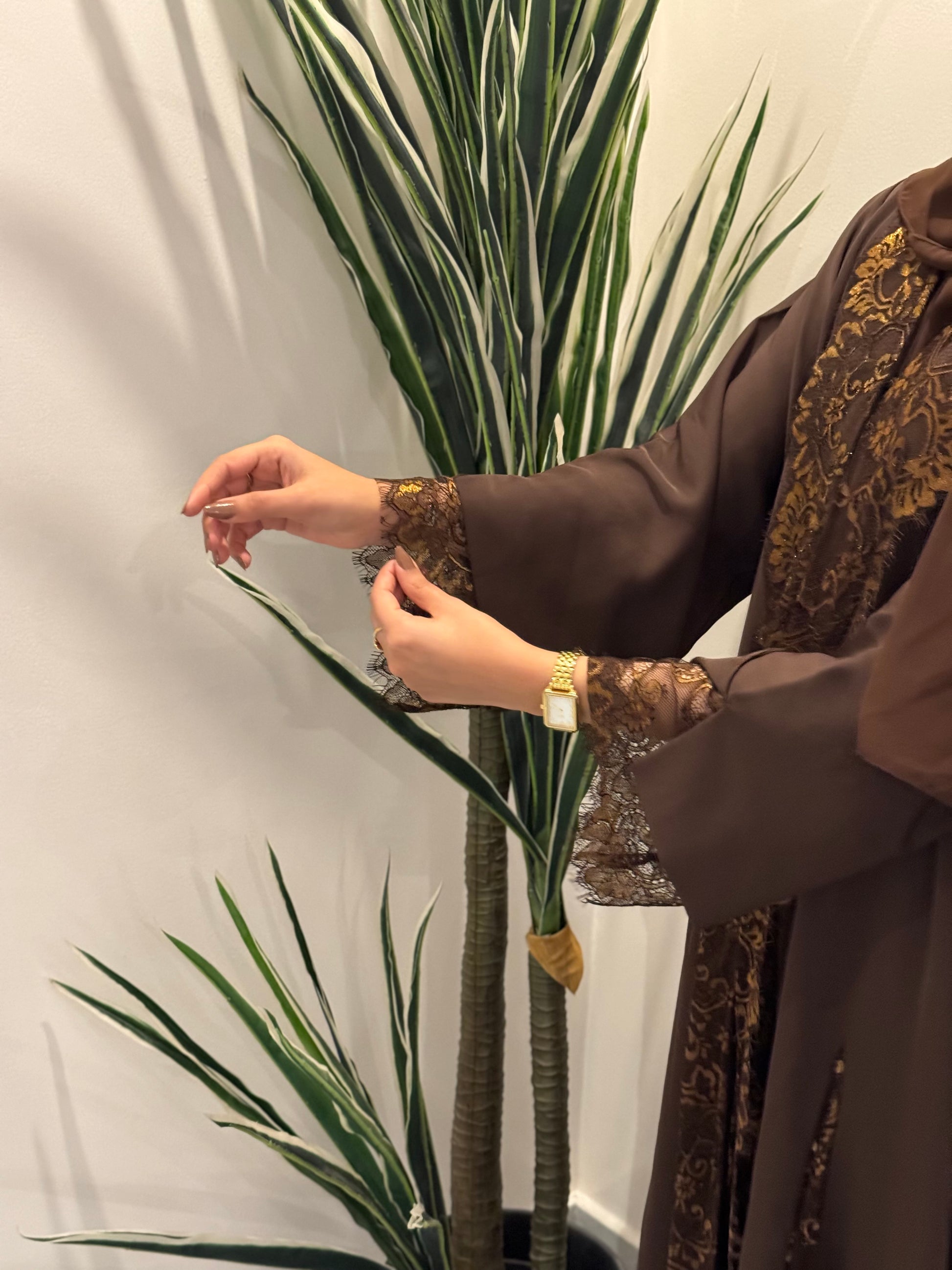 Luxury Brown Abaya in Nada Fabric with Dantel | UAE Abaya Shop - Zahida bi 