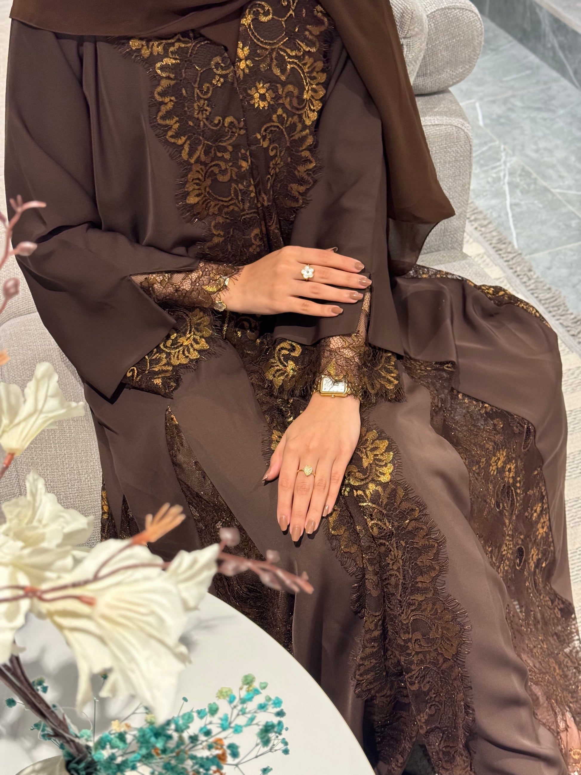 Luxury Brown Abaya in Nada Fabric with Dantel | UAE Abaya Shop - Zahida bi 