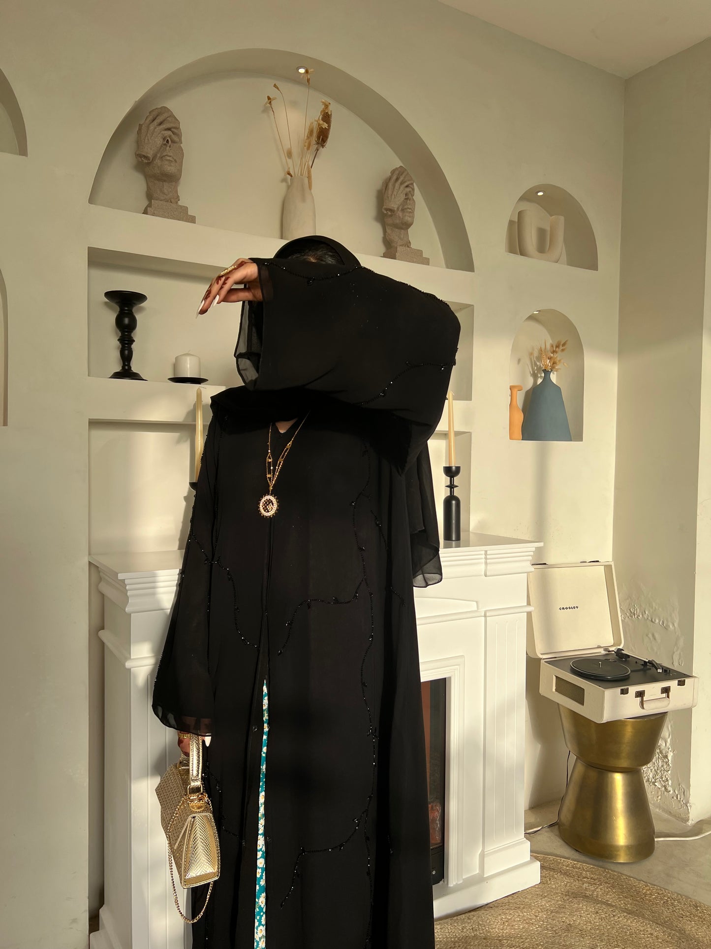 Black chiffon abaya with black handwork