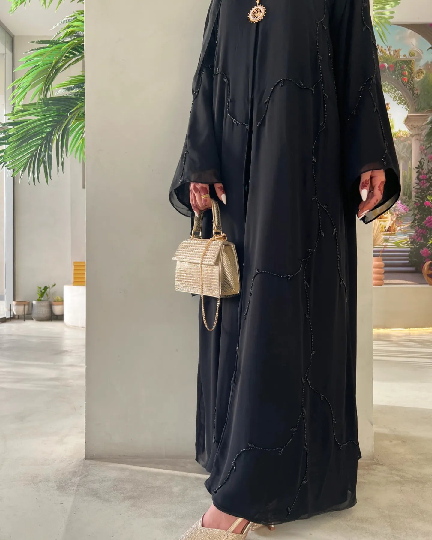 Black chiffon abaya with black handwork