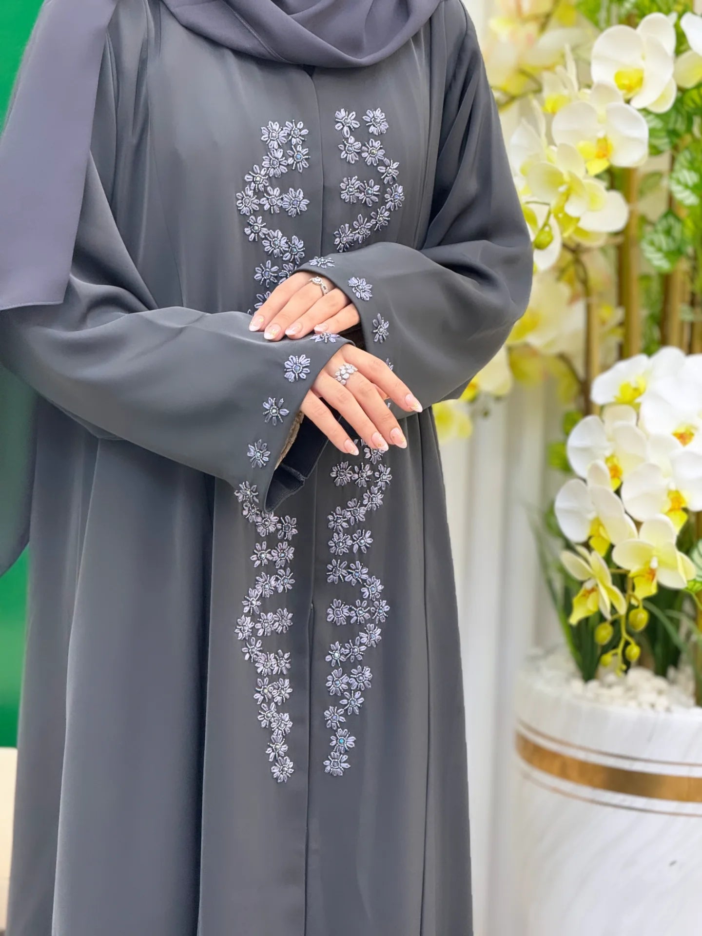Grey Luxury Abaya with Delicate Floral Embroidery | Zahidabi UAE |Z210 - Zahida bi 
