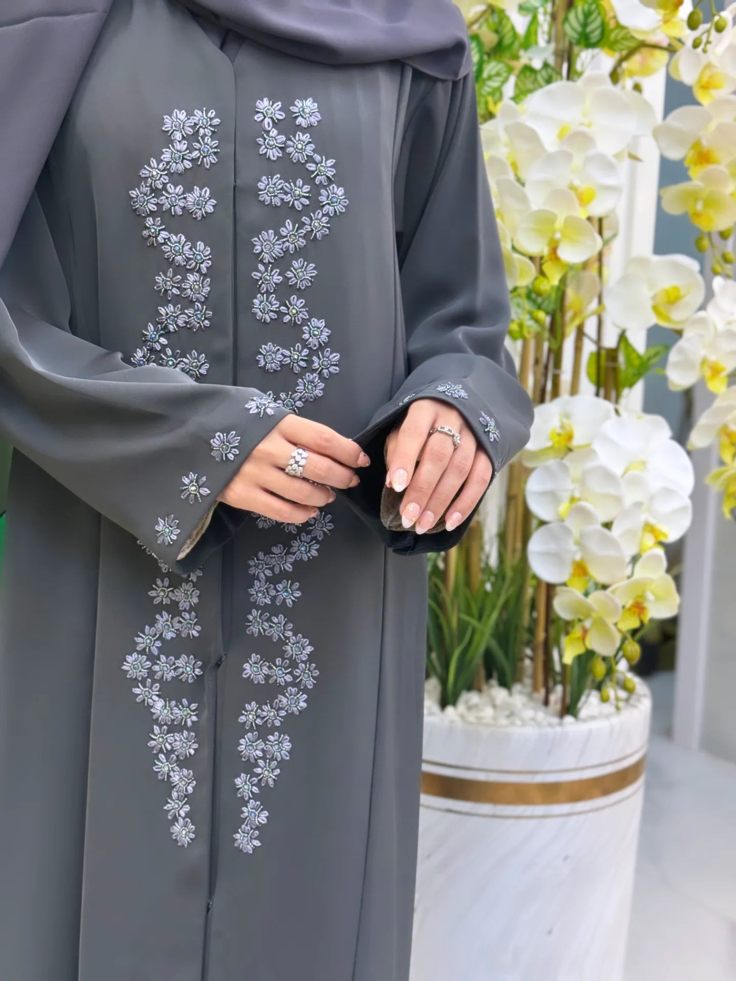 Grey Luxury Abaya with Delicate Floral Embroidery | Zahidabi UAE |Z210 - Zahida bi 