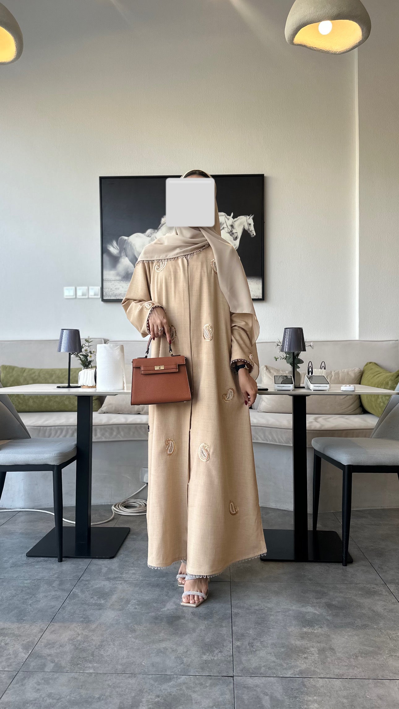 Premium Linen Paisley Abaya – Camel Beige & Matching Sheila | Z191