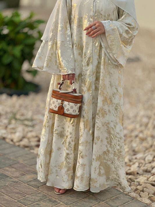 Light as Air, Rich in Detail – Gold Print Chiffon Abaya