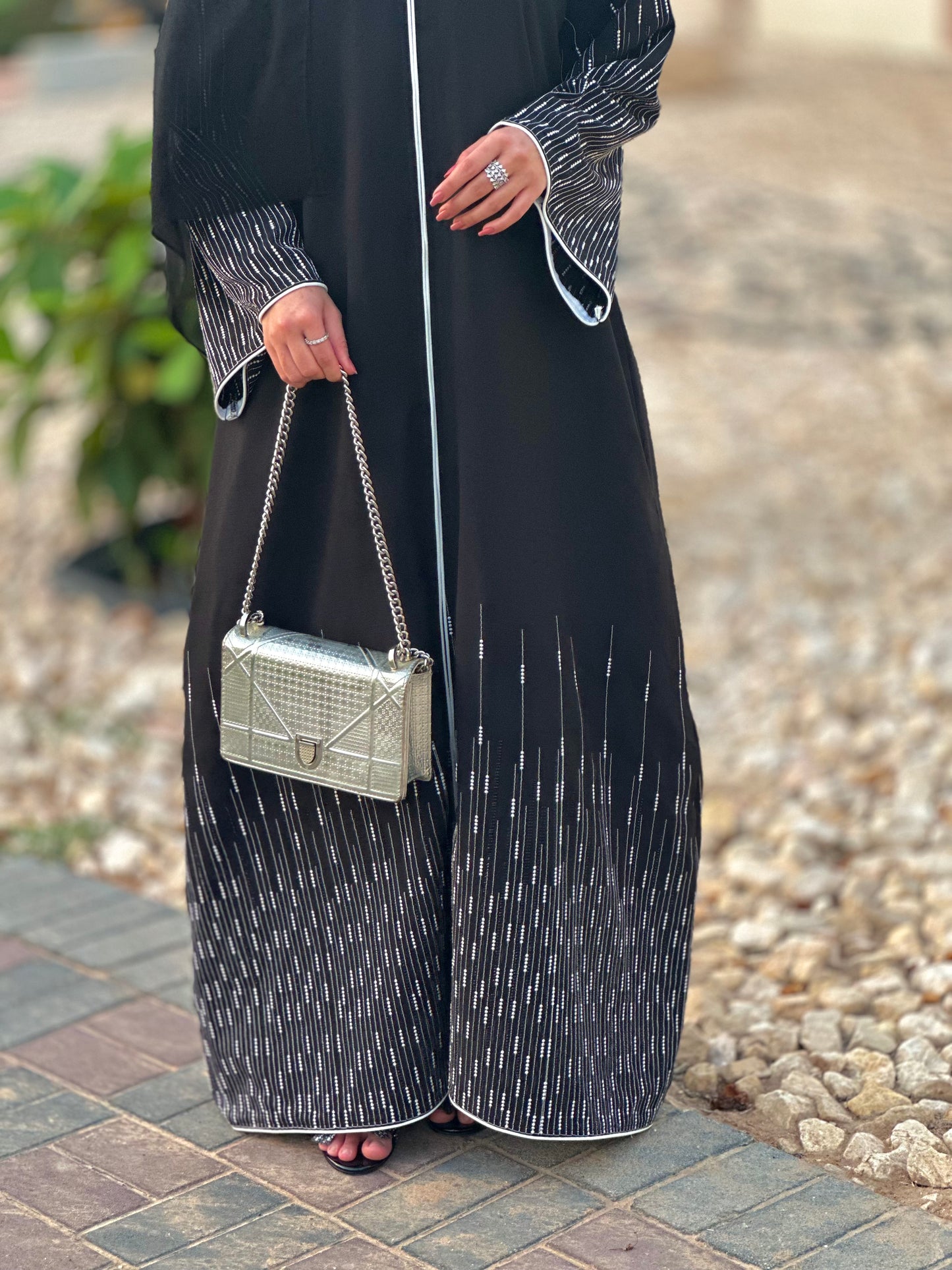 Black and white embroidery and stone work abaya