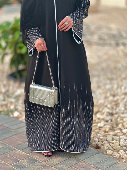Black and white embroidery and stone work abaya