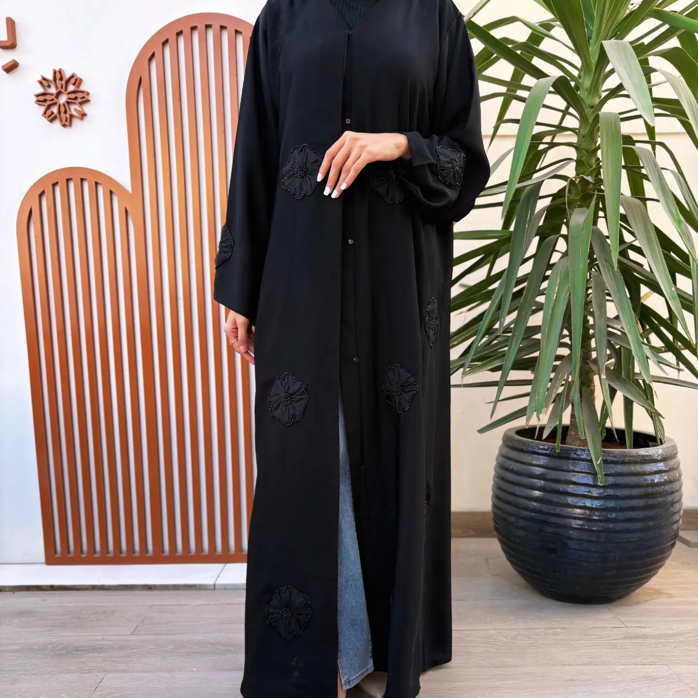 Abaya with organza floral design