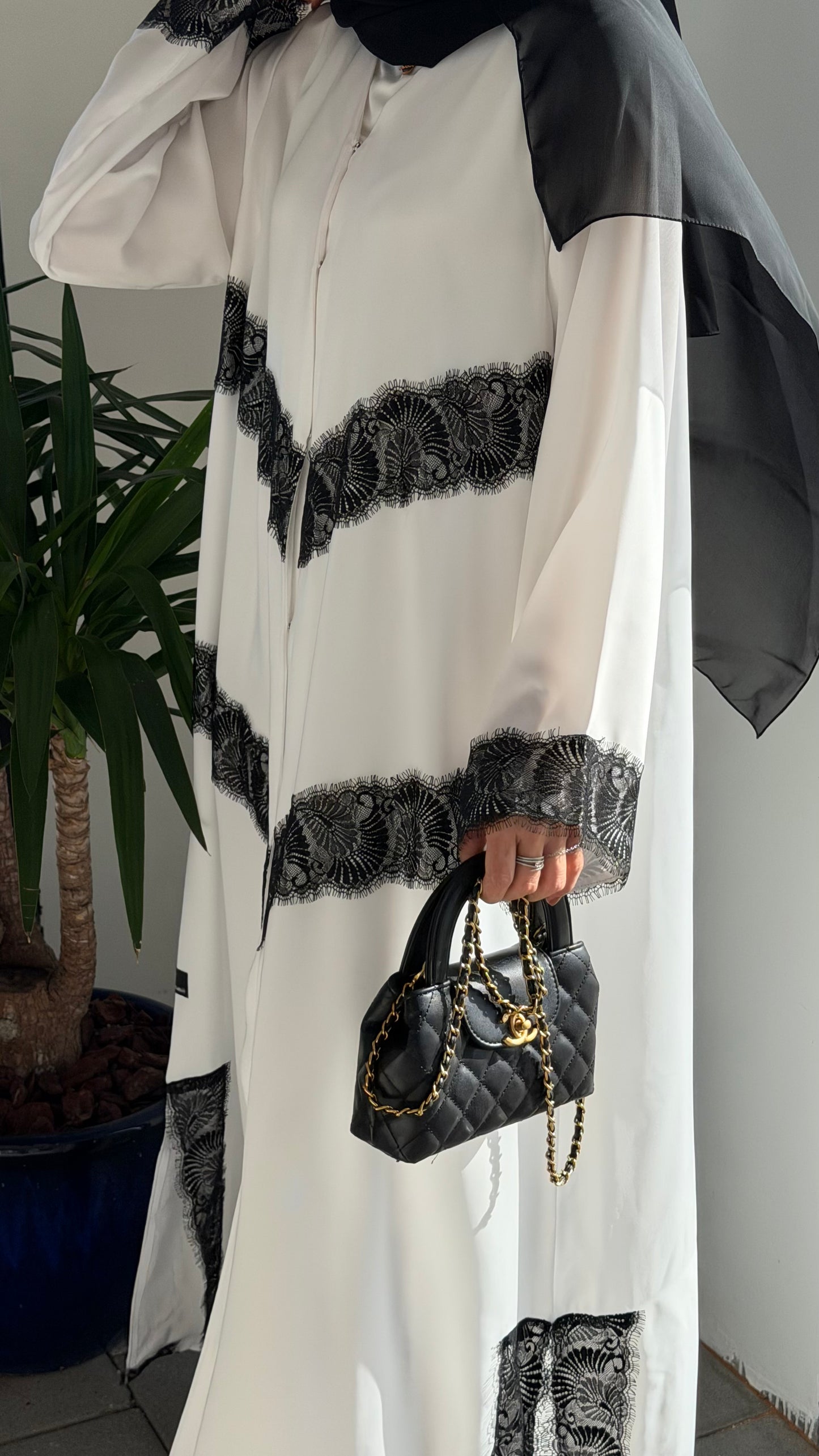 White abaya with black dantel,  lightweight/summer collection