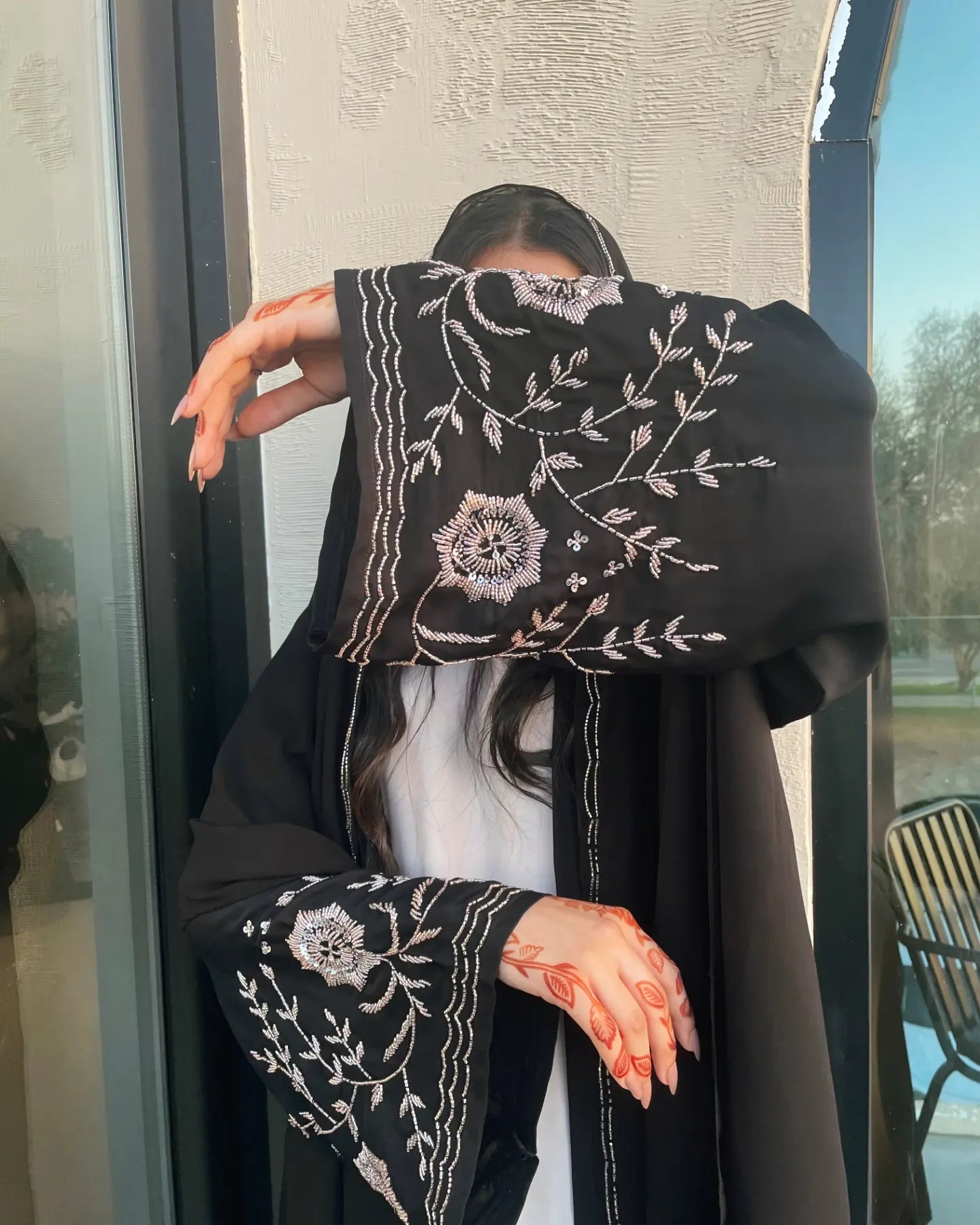 Black Nada abaya with rose gold sleeves work Z130