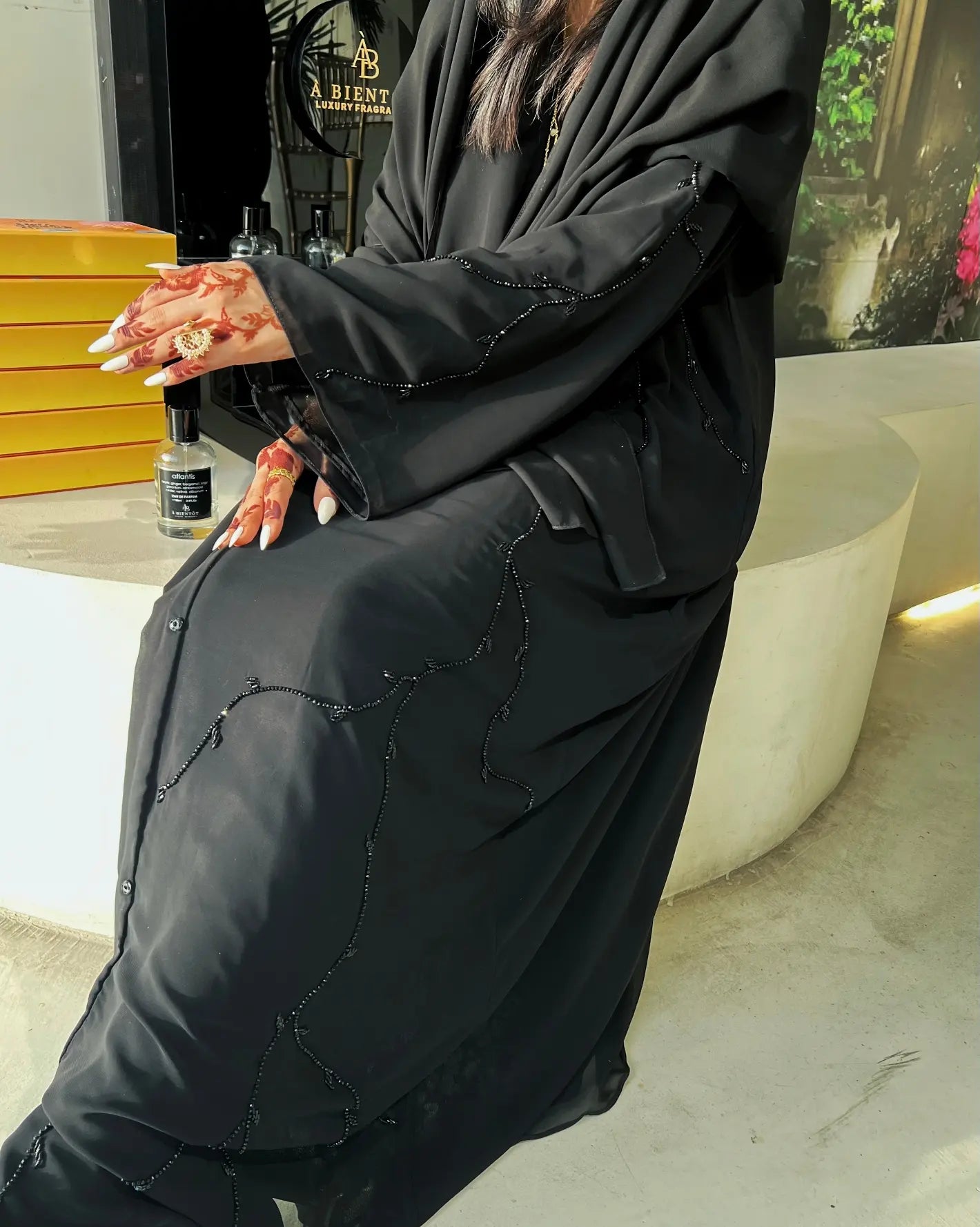 Black chiffon abaya with black handwork