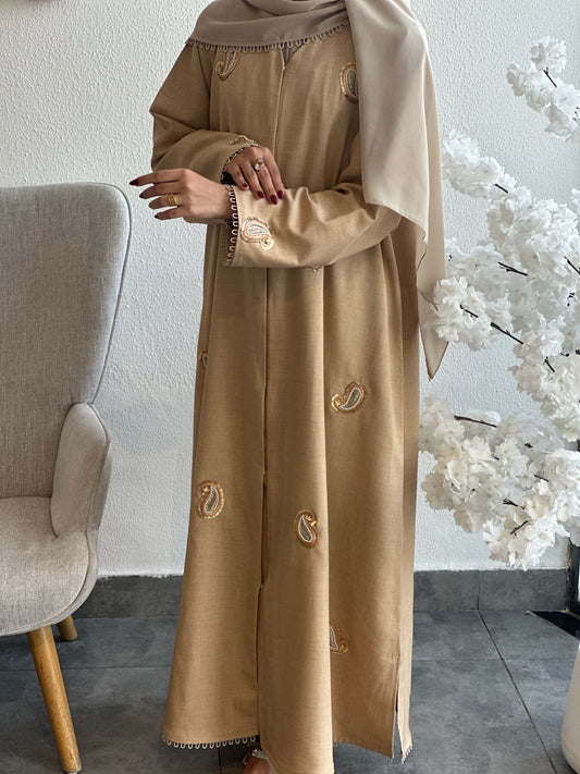 Premium Linen Paisley Abaya – Camel Beige & Matching Sheila | Z191