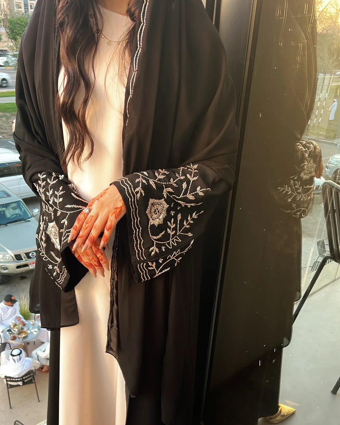 Black Nada abaya with rose gold sleeves work Z130