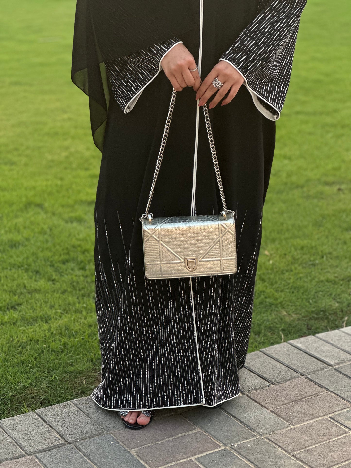Black and white embroidery and stone work abaya