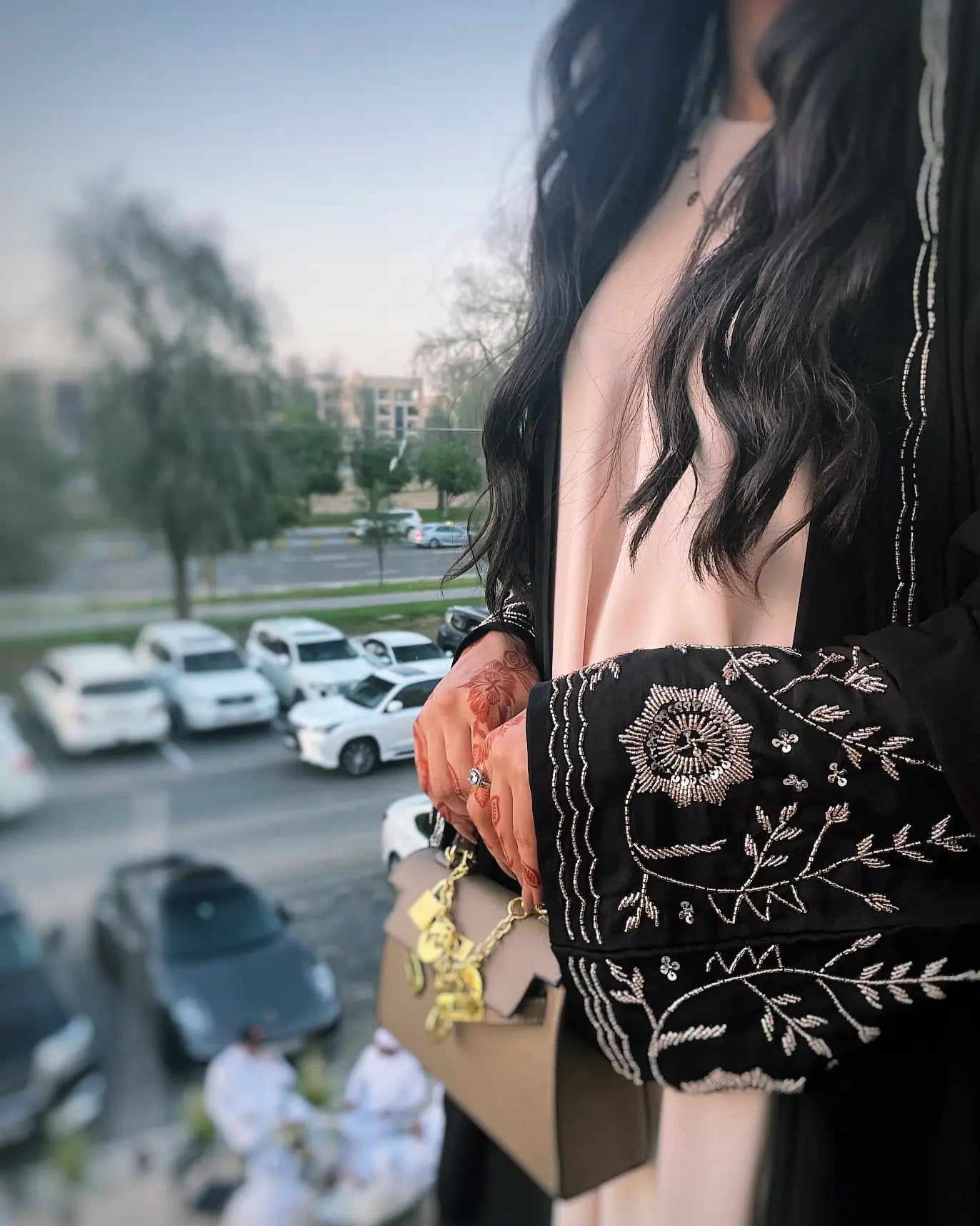 Black Nada abaya with rose gold sleeves work Z130