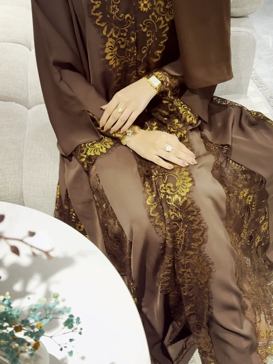 Luxury Brown Abaya in Nada Fabric with Dantel | UAE Abaya Shop - Zahida bi 