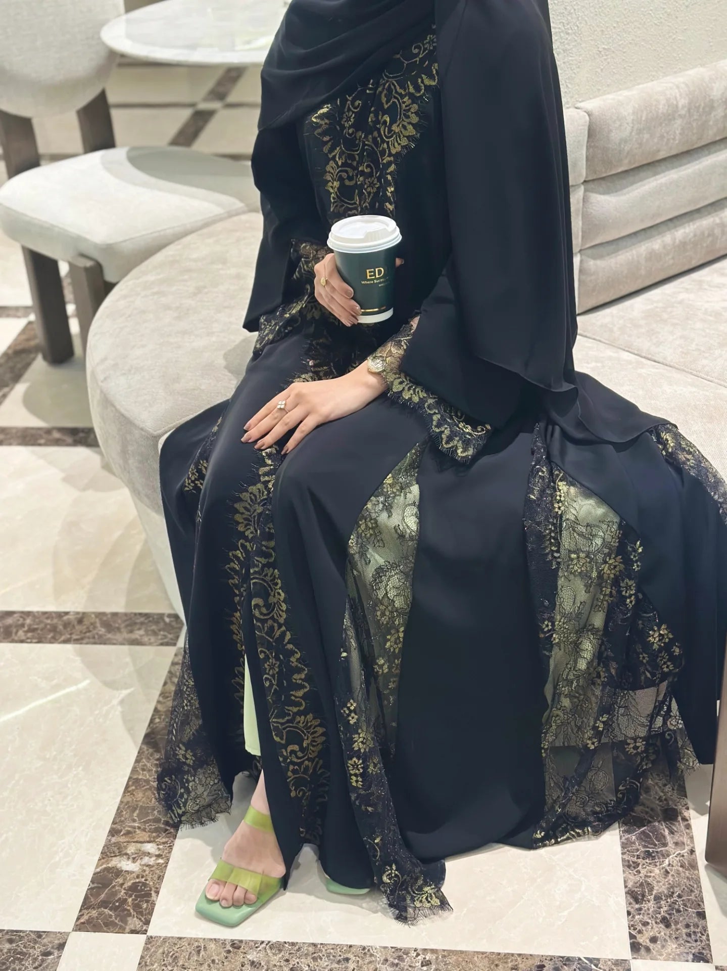 Luxury Brown/Black Abaya in Nada Fabric with Dantel | UAE Abaya Shop - Zahida bi 