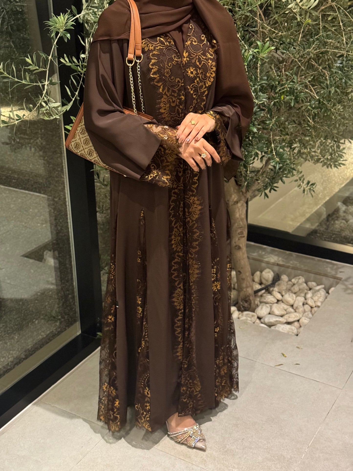 Luxury Brown Abaya in Nada Fabric with Dantel | UAE Abaya Shop - Zahida bi 