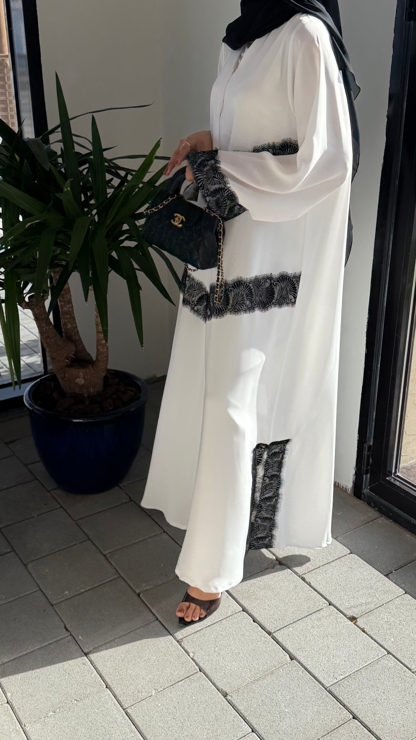 White abaya with black dantel,  lightweight/summer collection