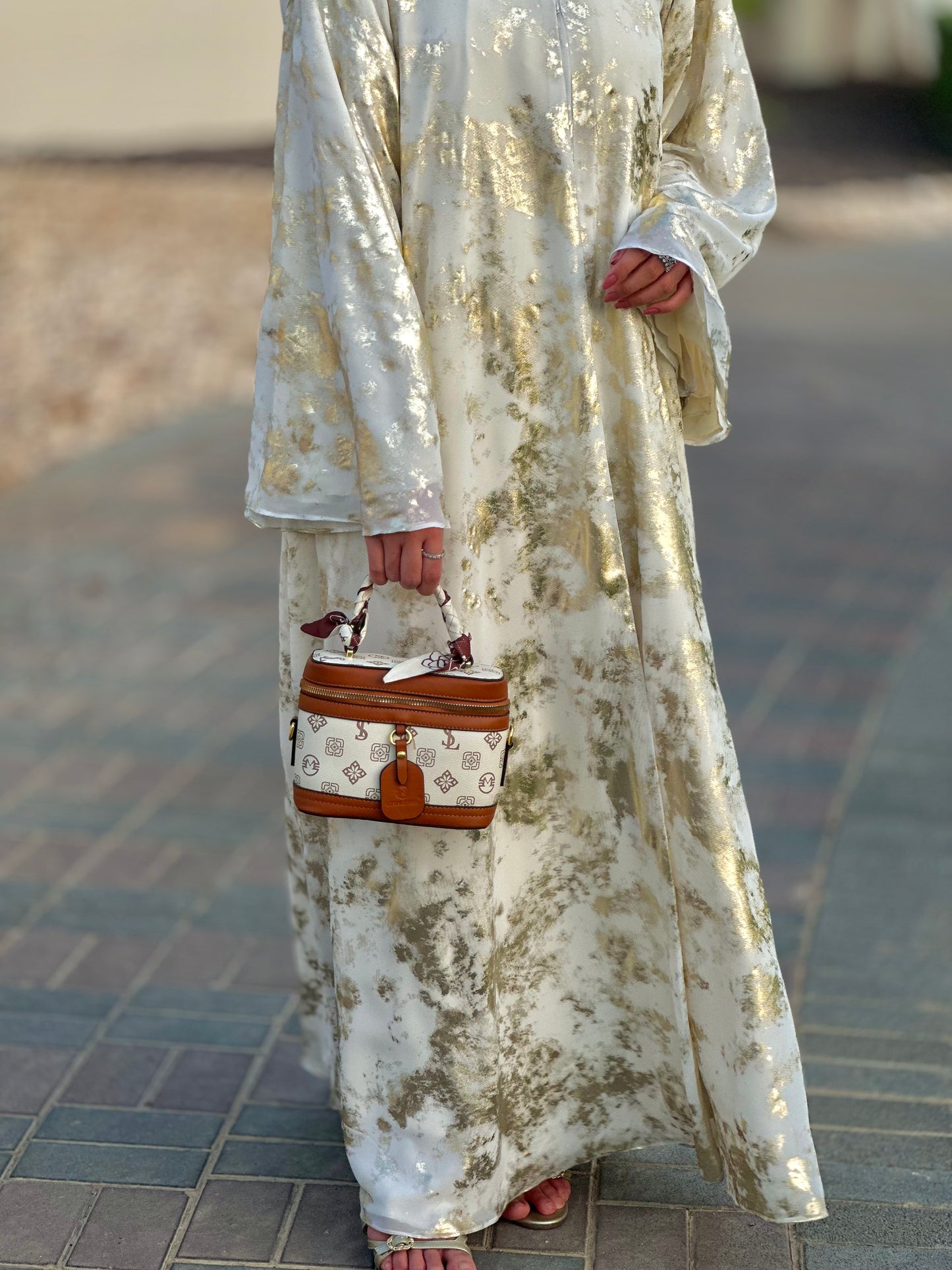 Light as Air, Rich in Detail – Gold Print Chiffon Abaya