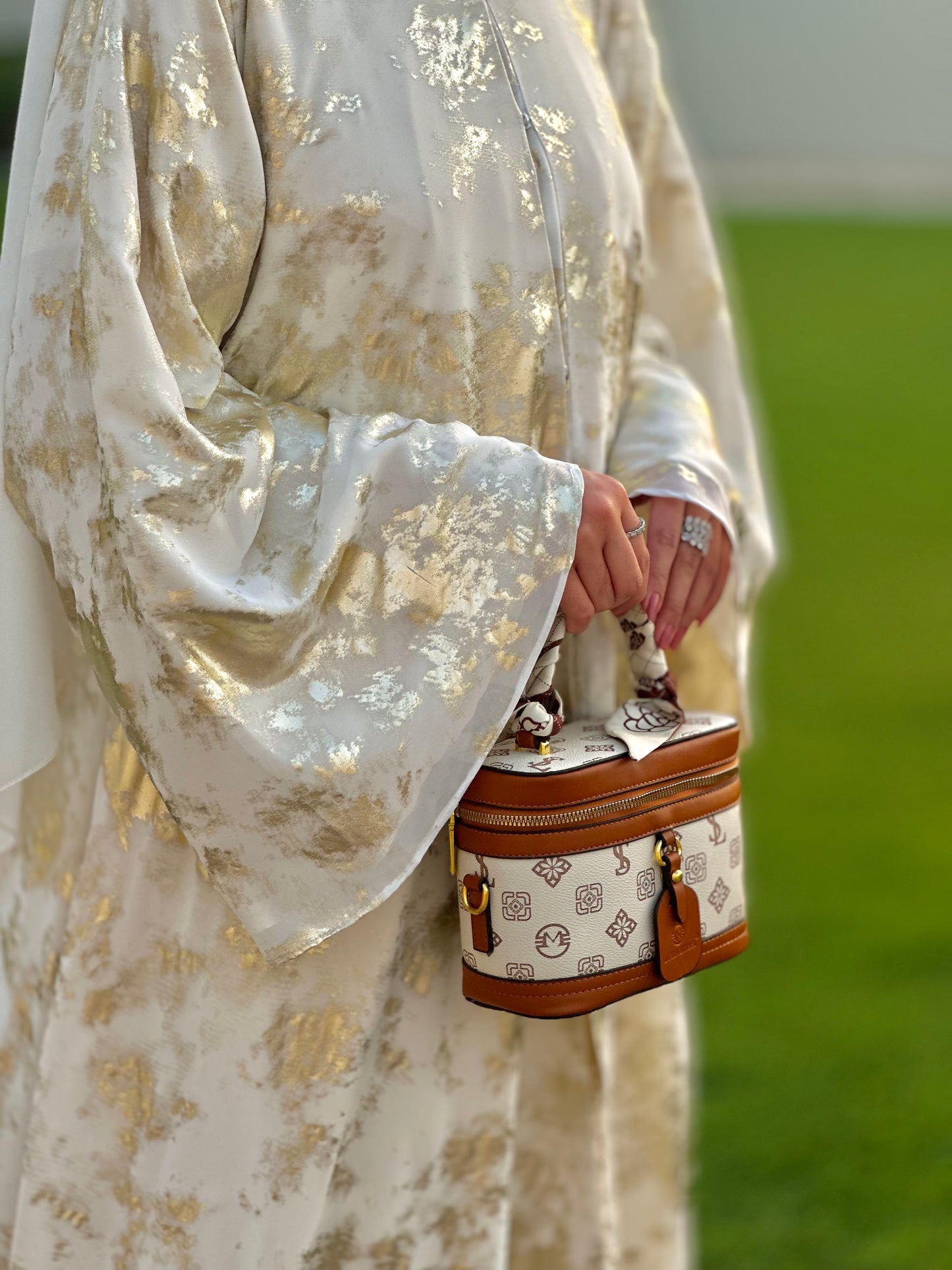 Light as Air, Rich in Detail – Gold Print Chiffon Abaya