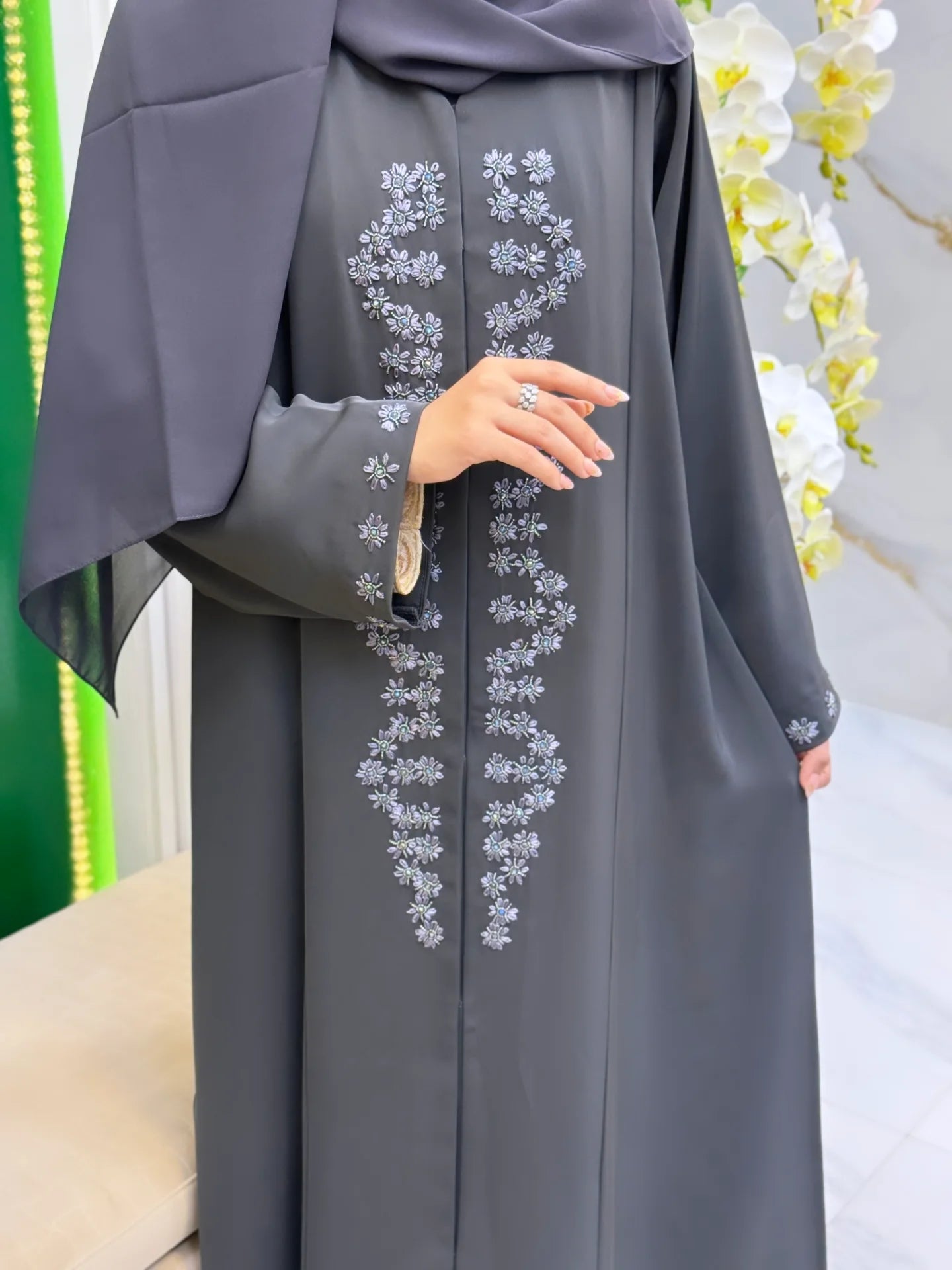 Grey Luxury Abaya with Delicate Floral Embroidery | Zahidabi UAE |Z210 - Zahida bi 