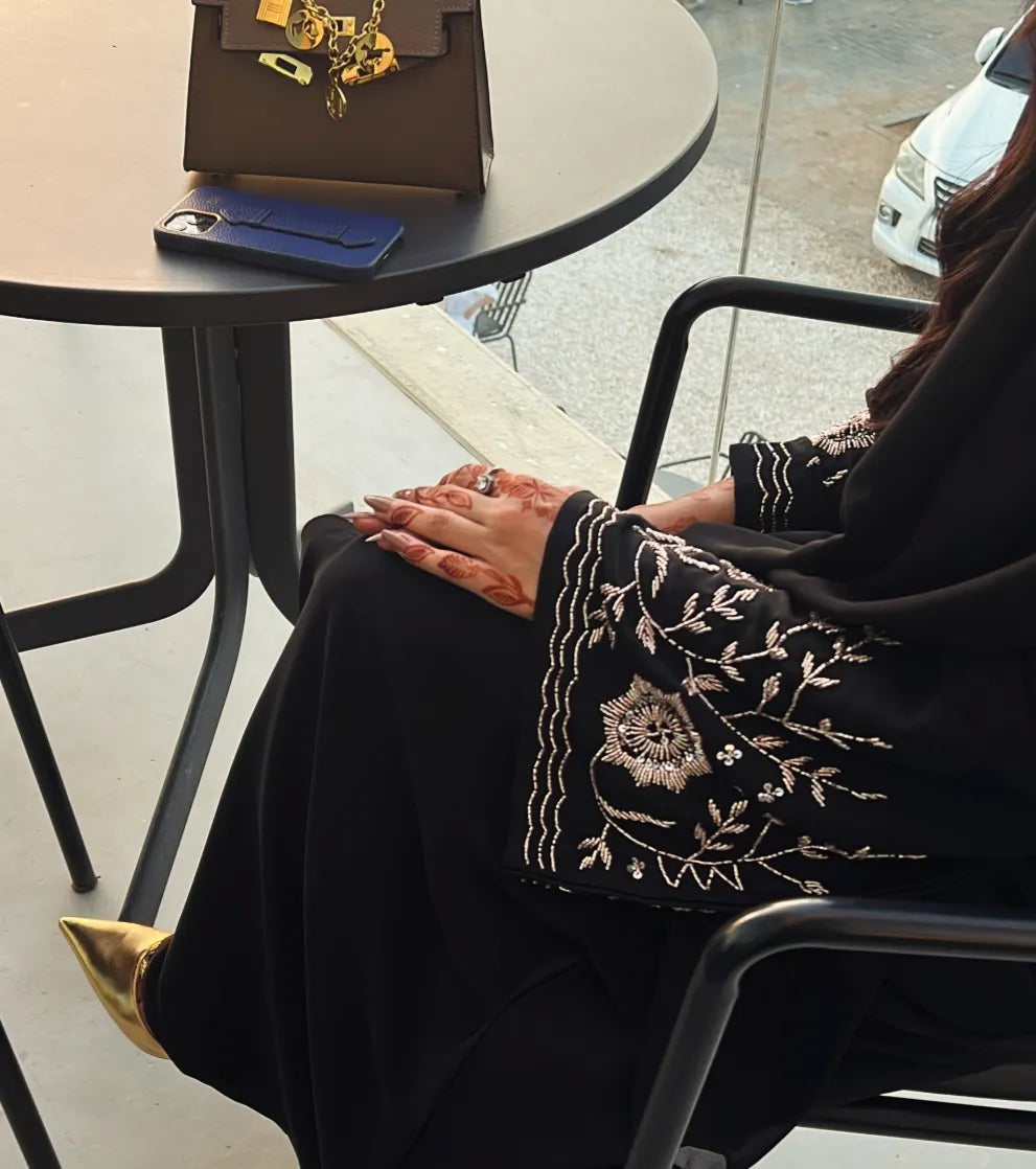 Black Nada abaya with rose gold sleeves work Z130