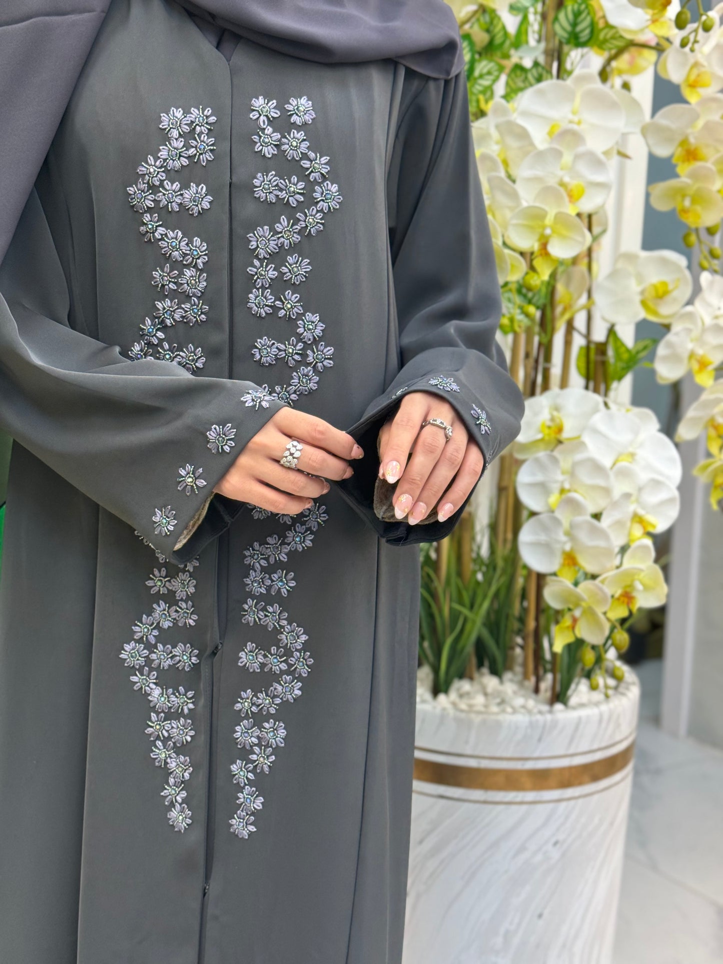 Grey Luxury Abaya with Delicate Floral Embroidery | Zahidabi UAE |Z210 - Zahida bi 